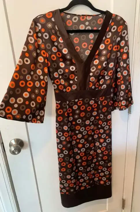 Y2K Cider Style Retro Mod Print Dress Indie Boho Brown Small - Picture 3 of 8